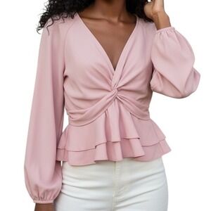 Express Pink Twist Front Ruffle Peplum Long Sleeve V Neck Blouse NWT‎ Medium